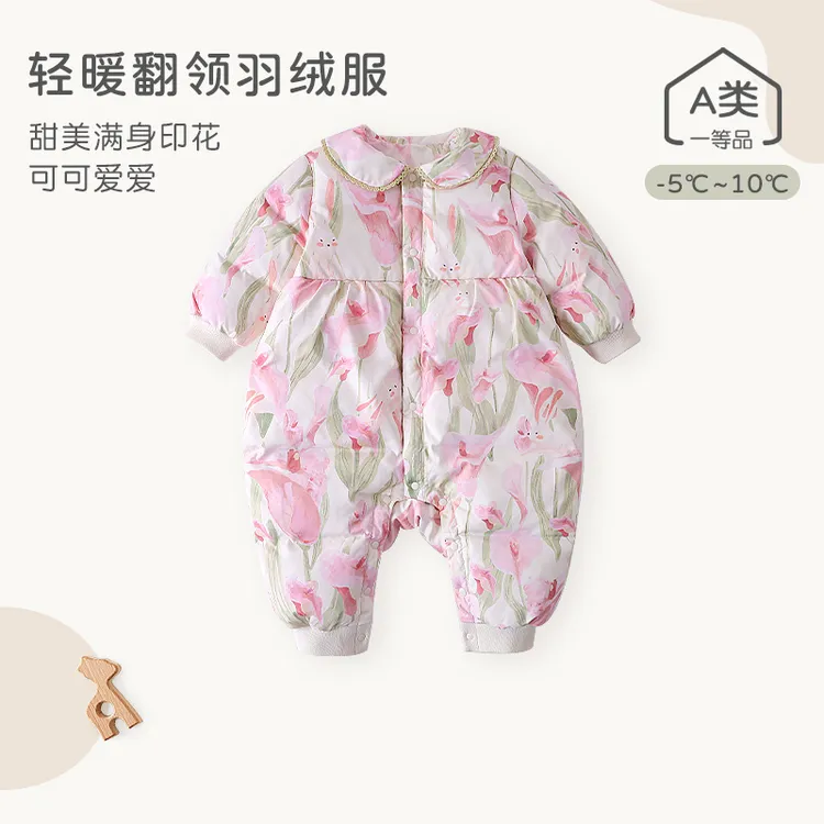 2023新款连体羽绒服女宝宝冬装婴儿冬季外出抱衣加厚保暖哈衣洋气