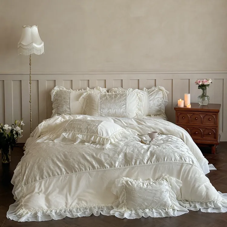 秋冬全消光牛奶绒法式公主风四件套花边宫廷荷叶边被套床单床品