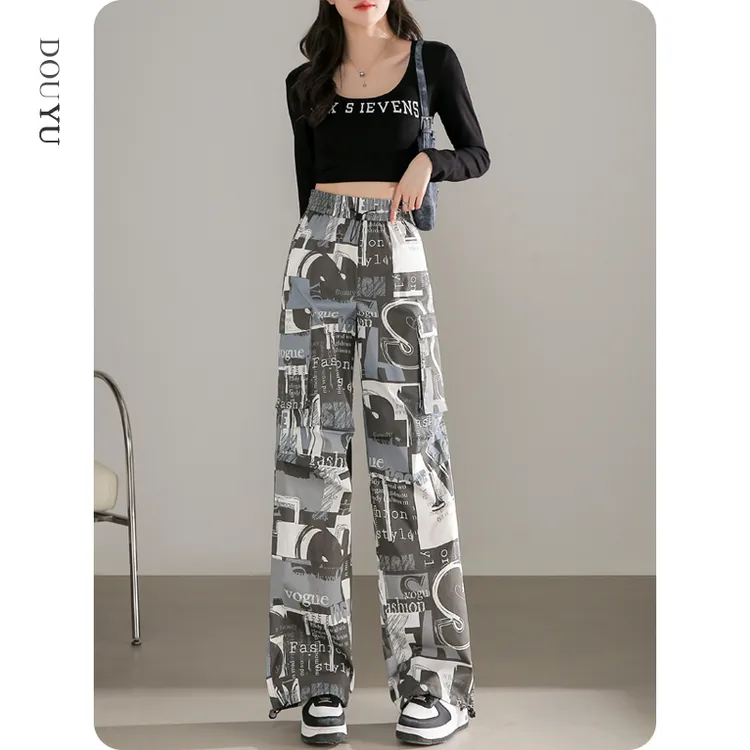 迷彩美式工装裤女春秋2024新款抽绳vibe风裤子高街宽松阔腿登山裤