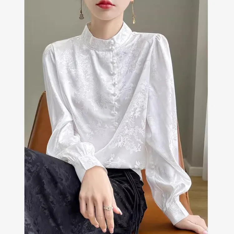 国风立领提花衬衫女复古时尚缎面设计感钉珠套头内搭打底小衫上衣