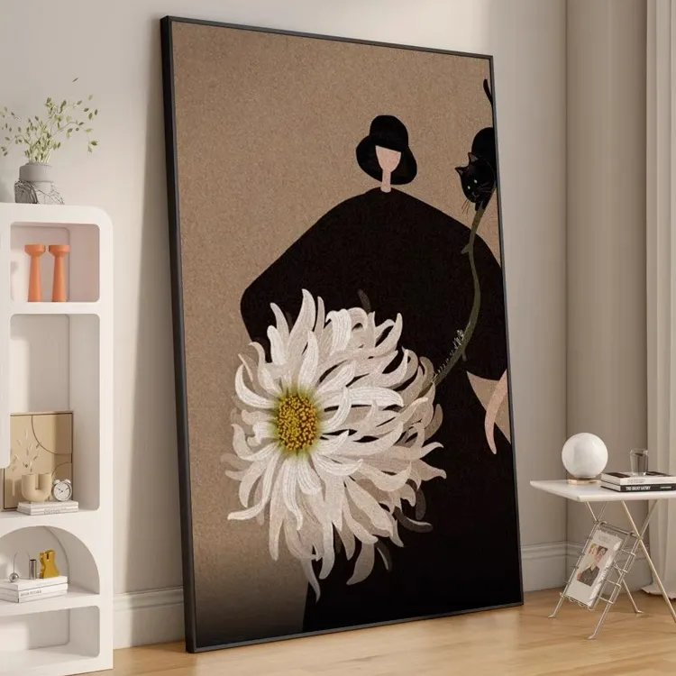 现代风轻奢抽象美女与菊花装饰画复古玄关壁画客厅沙发背景砂岩画