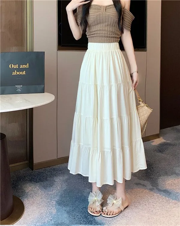 松紧蛋糕裙长裙女2024新款春夏高腰显瘦大摆A字裙仙女白色半身裙