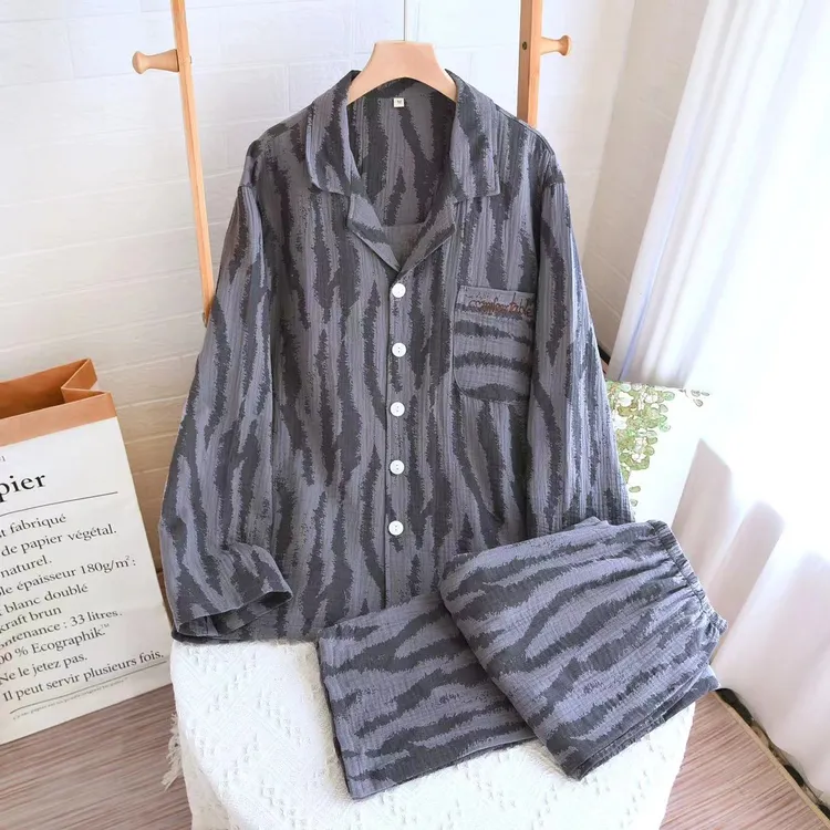 春夏薄款纯棉双层纱布睡衣男长袖全棉格子家居服套装宽松大码柔软