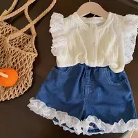 女童夏款儿童韩版夏季女宝时尚花边镂空飞飞袖短t花边短裤套装