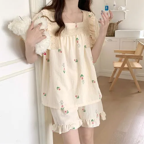 睡衣女夏季薄款短袖短裤梭织棉套装夏天网红女士可外穿家居服春秋