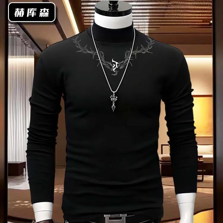 赫库森韩版设计百搭秋冬季德绒半高领长袖打底衫男士修身潮流内搭