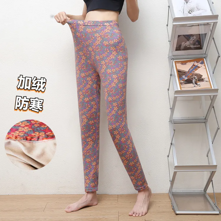 秋冬中老年碎花加绒保暖秋裤女款修身外穿弹力德绒正宗妈妈打底裤