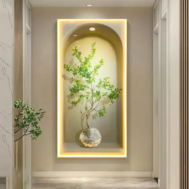 小清新奶油风玄关画带灯光装饰画绿植晶瓷镶钻画简约走廊过道挂画
