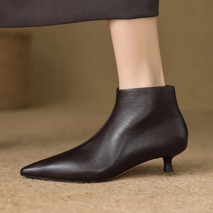 3.5CM法式细跟尖头小短靴秋冬百搭及踝靴真皮时尚侧拉链瘦瘦靴女