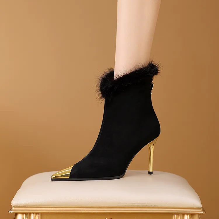 9CM名媛细跟性感毛毛靴百搭尖头超高跟短靴秋冬新款显瘦加绒裸靴