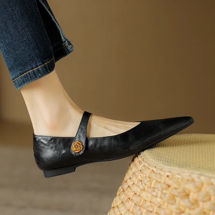 1.5cm羊皮平底玛丽珍小皮鞋尖头一字扣带单鞋春季复古粗跟单鞋女