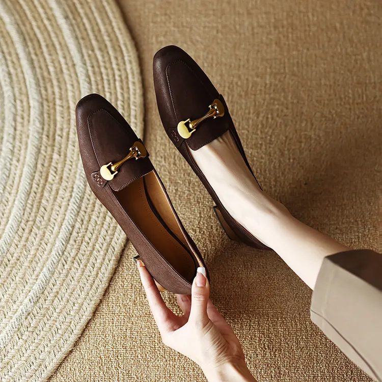 3cm方头真皮粗跟单鞋女软底中跟百搭春秋乐福鞋小皮鞋懒人一脚蹬