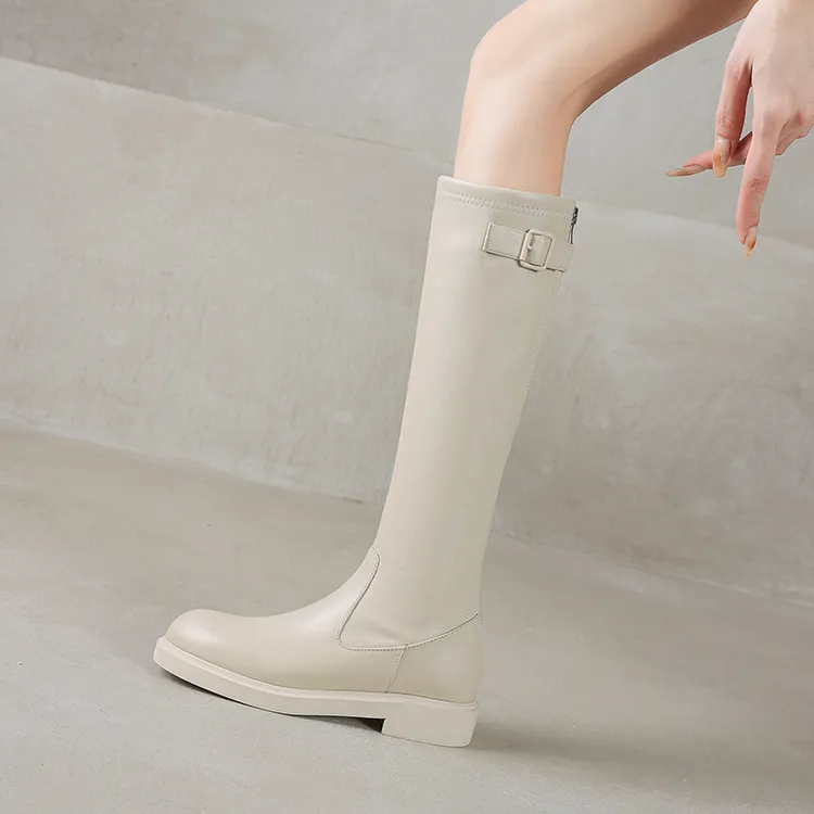 3CM复古风平底包腿长靴圆头米白色不过膝瘦瘦靴冬百搭加绒骑士靴