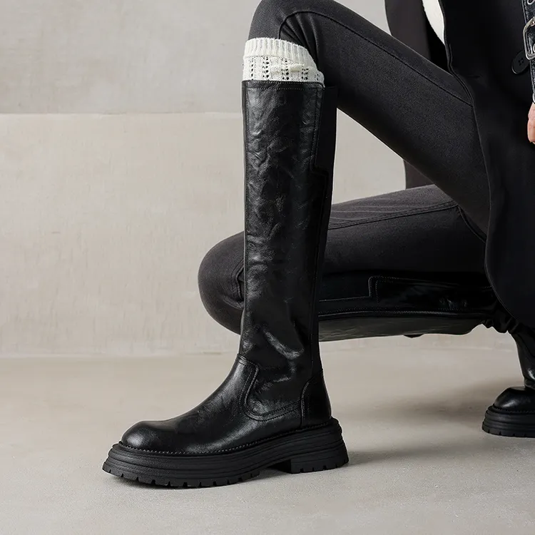 4.5CM厚底显腿长高筒靴百搭英伦风不过膝骑士靴秋冬新款长靴粗跟