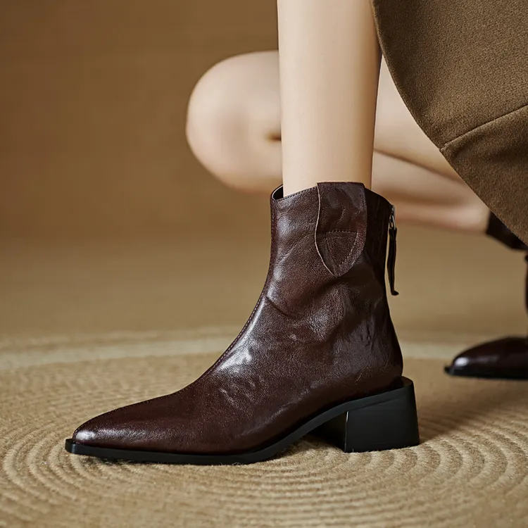 5CM真皮尖头通勤小短靴粗跟百搭法式复古风瘦瘦靴中跟不累脚靴子