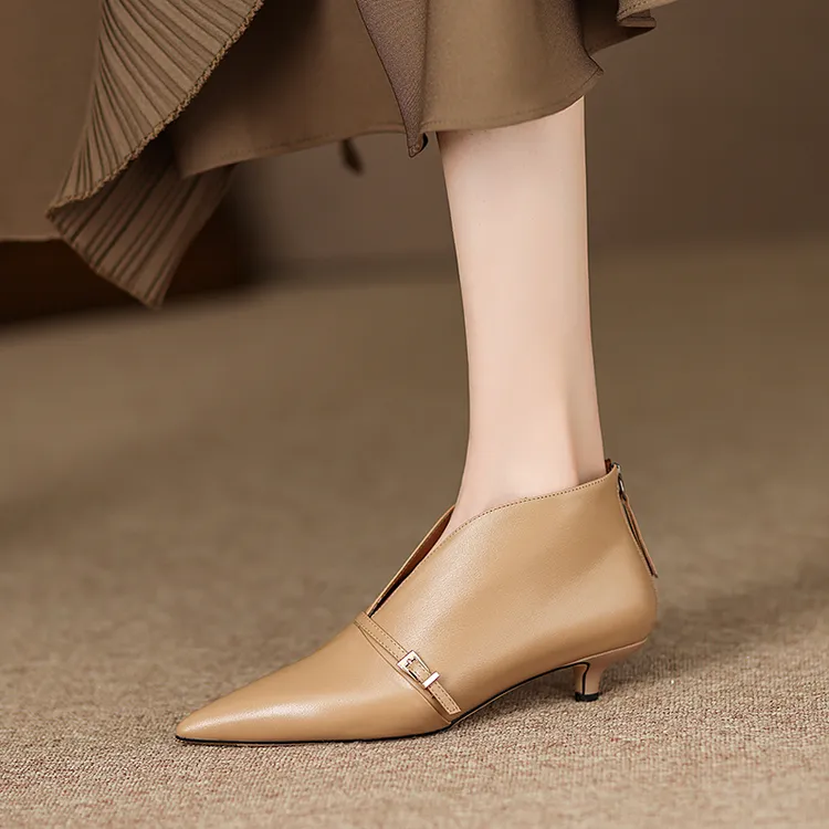 3.5CM尖头细跟短靴女杏色气质真皮小跟裸靴溯源好物配裙子穿靴子