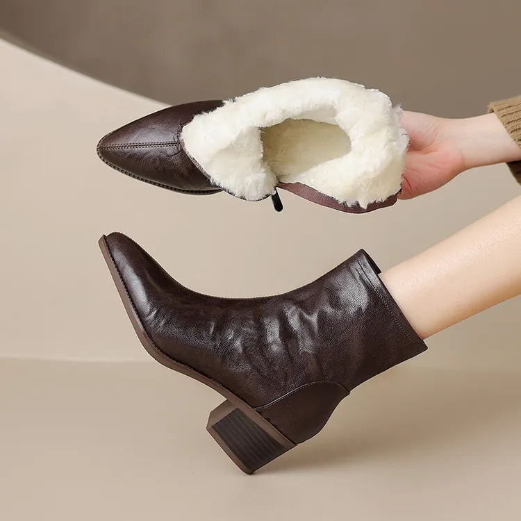 5CM真皮粗跟防滑雪地靴百搭复古风尖头加厚保暖棉靴保暖搭子冬季