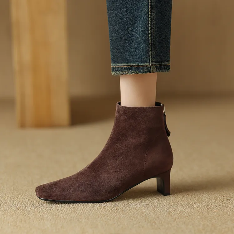 4.5CM法式小方头粗跟裸靴百搭真皮复古高跟瘦瘦靴冬季新款短靴子