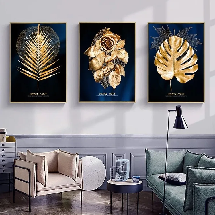北欧现代轻奢金色树叶装饰画客厅背景墙挂画墙面竖版玄关过道壁画