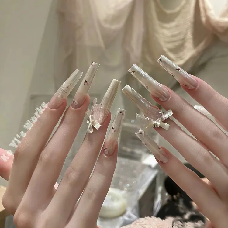 纯手工穿戴甲甲片新款长款轻奢月光粉蝴蝶美甲甲片美甲假假指甲片
