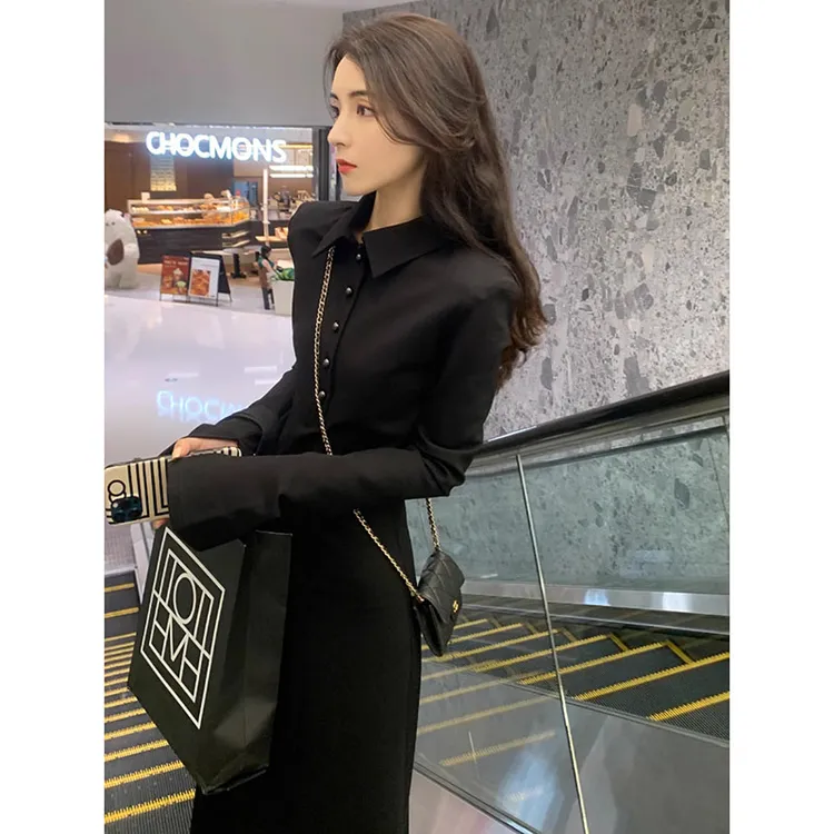 法式衬衫垫肩连衣裙秋冬2025新款女装高级感穿搭高个子黑色长裙子