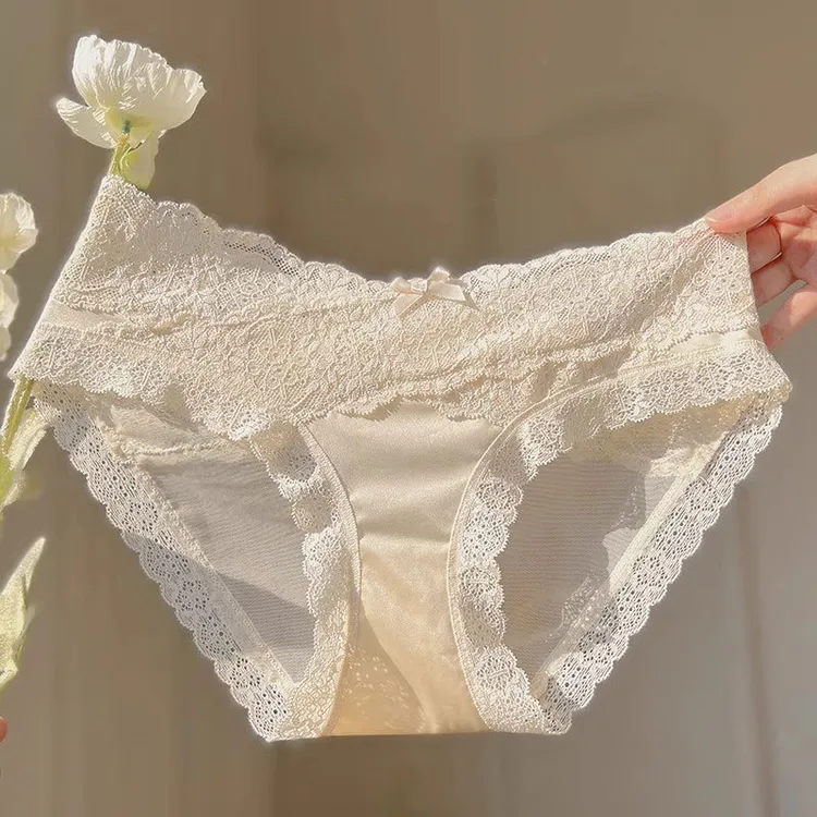 娇玫海棠~法式精品刺绣蕾丝低腰缎面无痕蕾丝内裤女款性感纯欲风