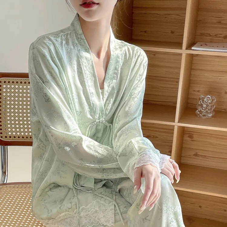 新中式国潮睡衣女冰雪丝花卉新中式盘扣宽松季薄款长袖春夏气质