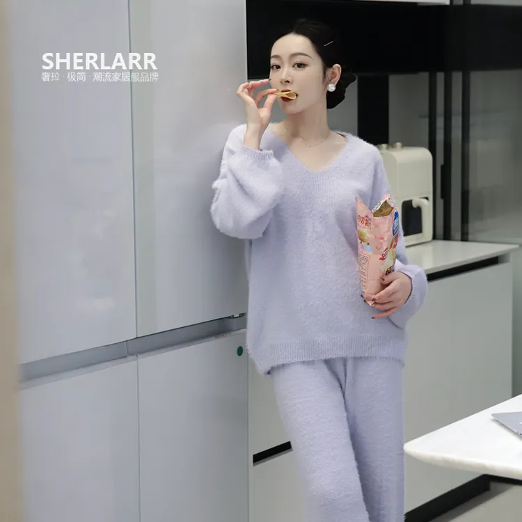 时尚简约睡衣二件套女士保暖秋冬款毛绒套头毛衣可外穿套装家居服
