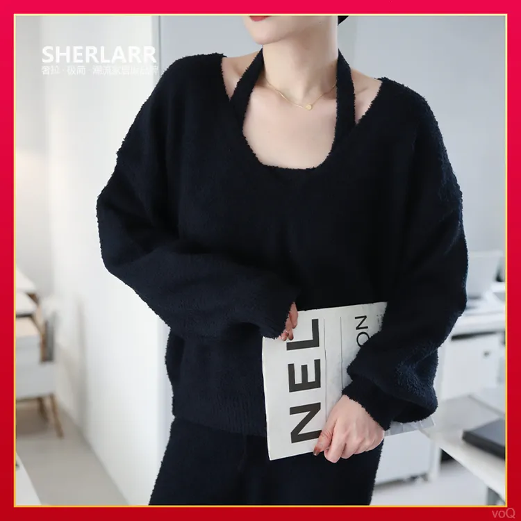 毛衣绒家居服领睡衣可外穿吊带时尚气质套装女秋冬V半边加厚保暖