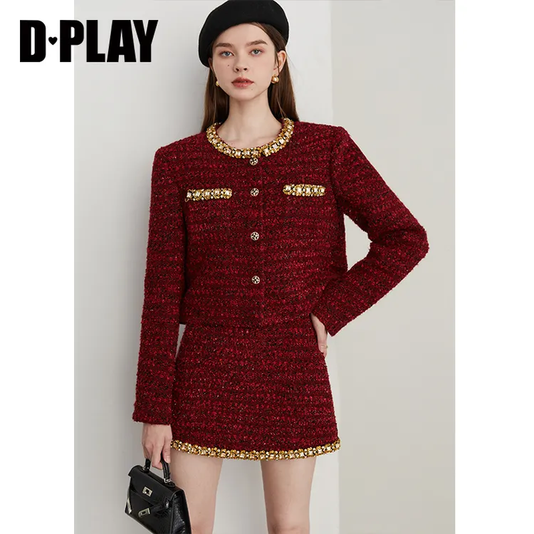 DPLAY【黑标】2024冬黑色高腰粗花呢小香风半裙钉钻小黑裙短裙女