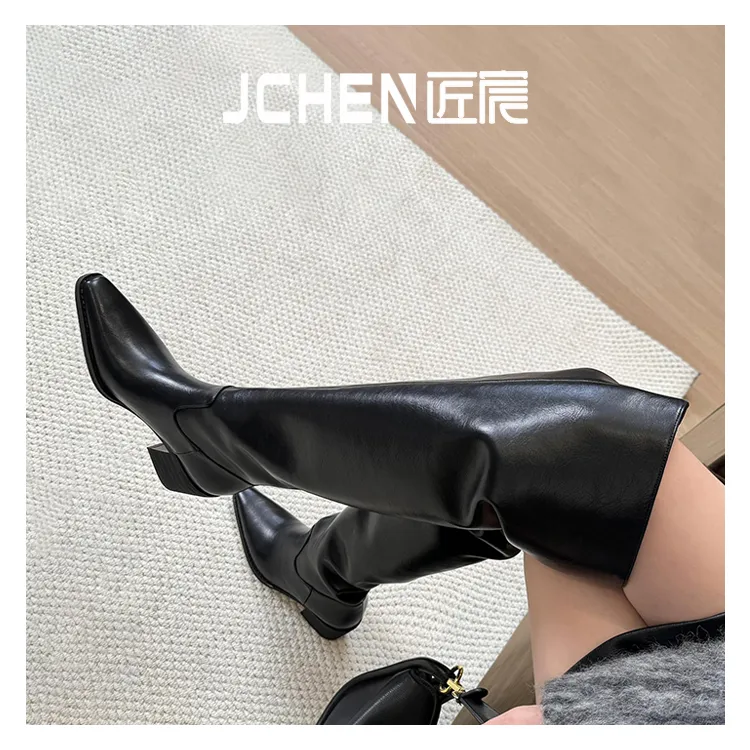 【匠宸JCHEN】黑色高筒时尚百搭过膝长靴高跟大筒围粗跟长筒骑士靴