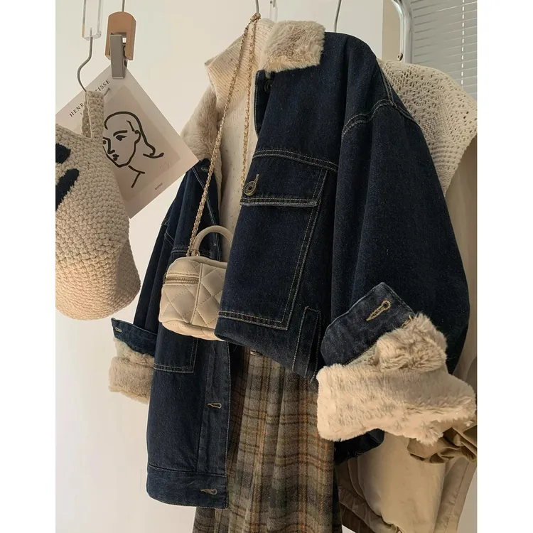 慵懒风穿搭加绒牛仔外套棉衣秋冬季新款宽松显瘦休闲夹克长袖上衣