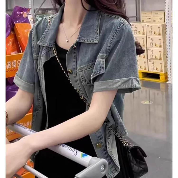 短袖牛仔外套女夏季2025新款搭配连衣裙美式复古休闲百搭薄款外衣