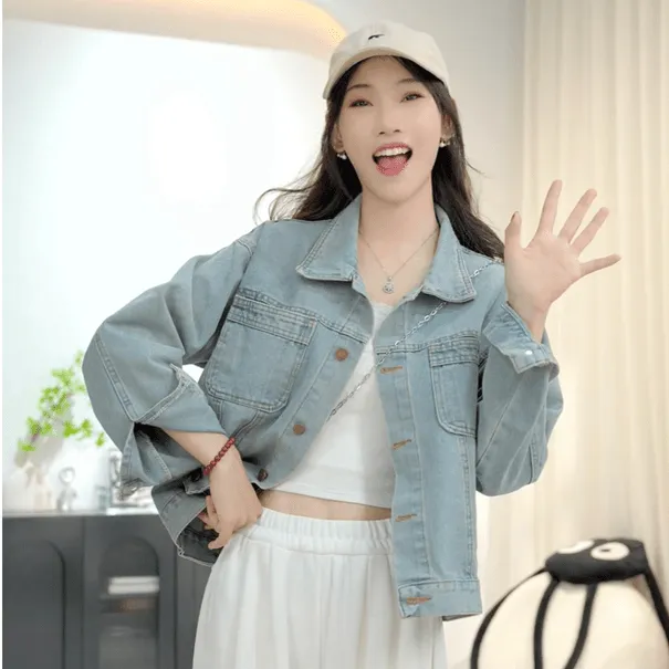 2025新款春秋韩系宽松夹克水洗短款上衣复古网红浅蓝色牛仔外套女
