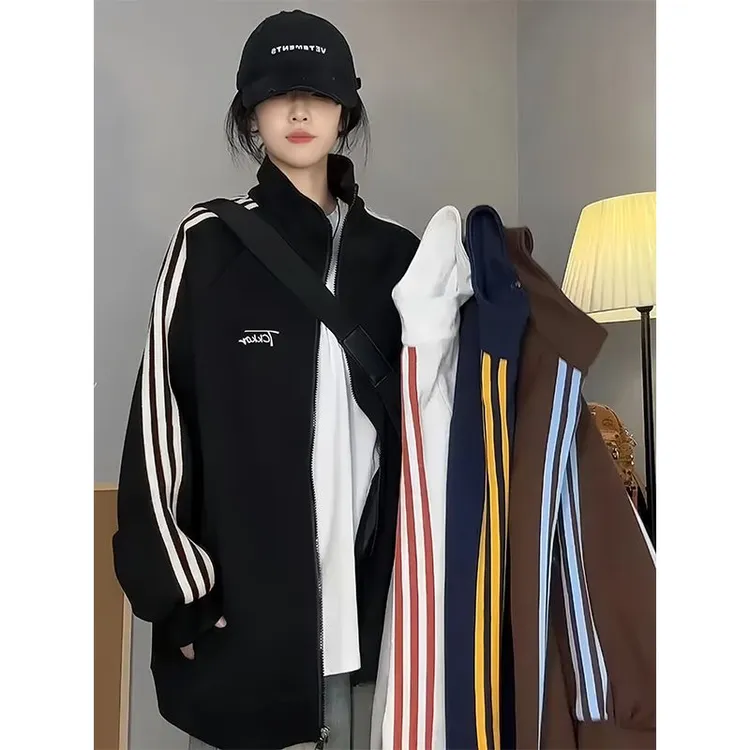 时尚潮流立领连帽开衫卫衣女秋冬季黑色宽松加绒加厚拉链外套