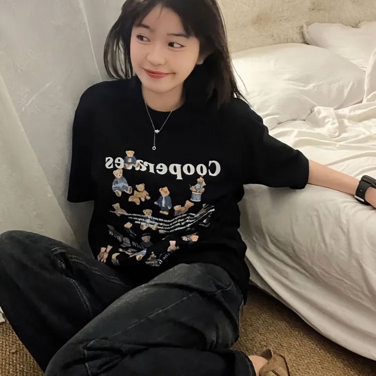 【纯棉短袖】重磅黑色T恤法式小众别致多巴胺设计感印花圆领ins上