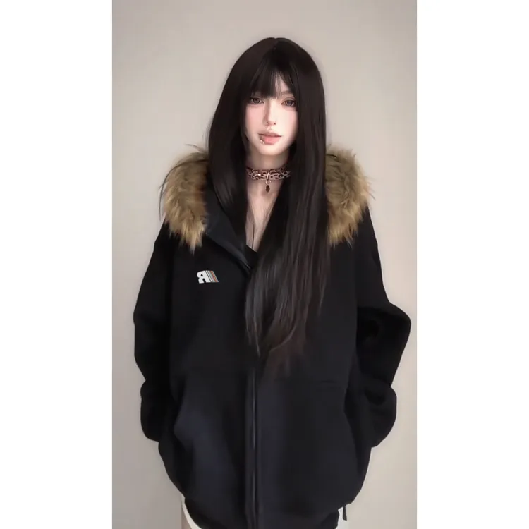 YWBY冬季外套女加绒加厚毛领连帽开衫卫衣韩系百搭保暖棉服外套女