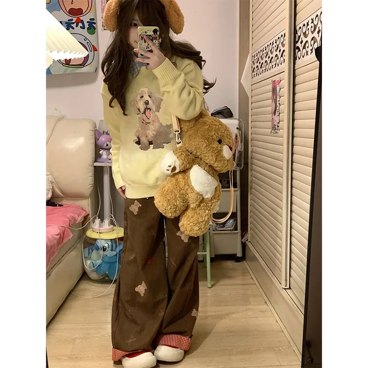 慵懒风打底衫圆领毛衣女秋冬季时尚潮流印花长袖宽松套头外套