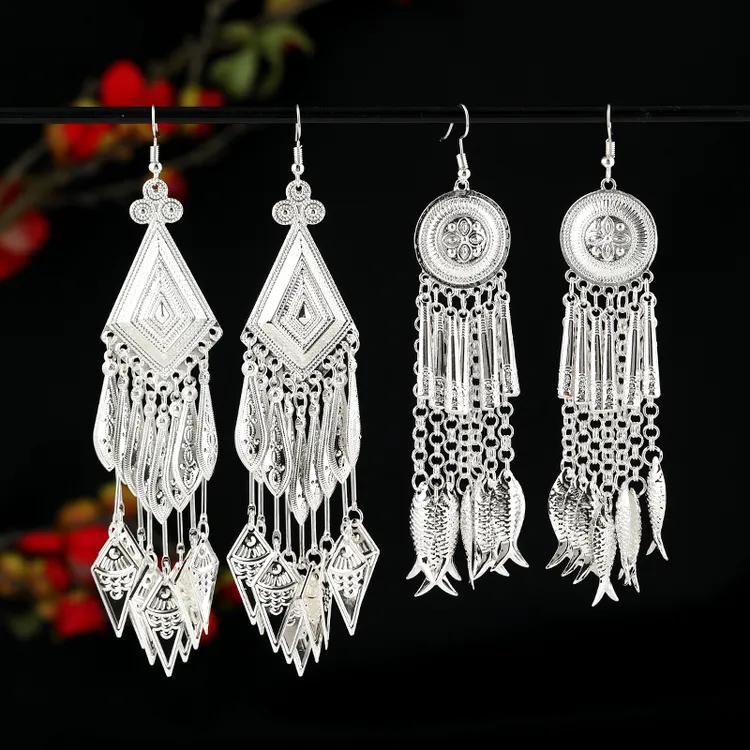 合金耳饰 少数民族风银色流苏耳环复古云南苗族夸张长款双层耳坠