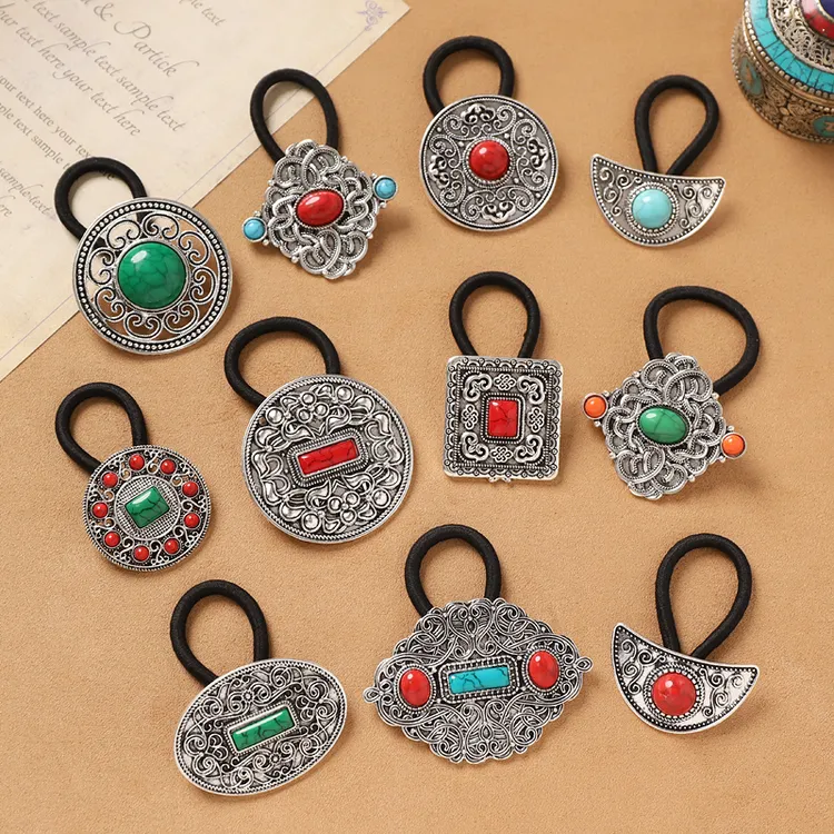 蒙古族藏式发饰复古蓝石镶嵌民族风发绳小众异域扎头发皮筋头绳女