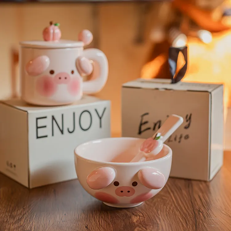 可爱情侣带盖马克杯小众陶瓷碗带勺餐具家用喝水杯子米饭碗沙拉碗