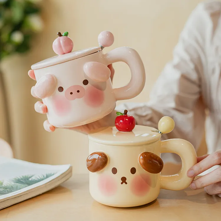 可爱猪猪汪汪马克杯带盖勺情侣生日礼物陶瓷杯女生家用办公室水杯