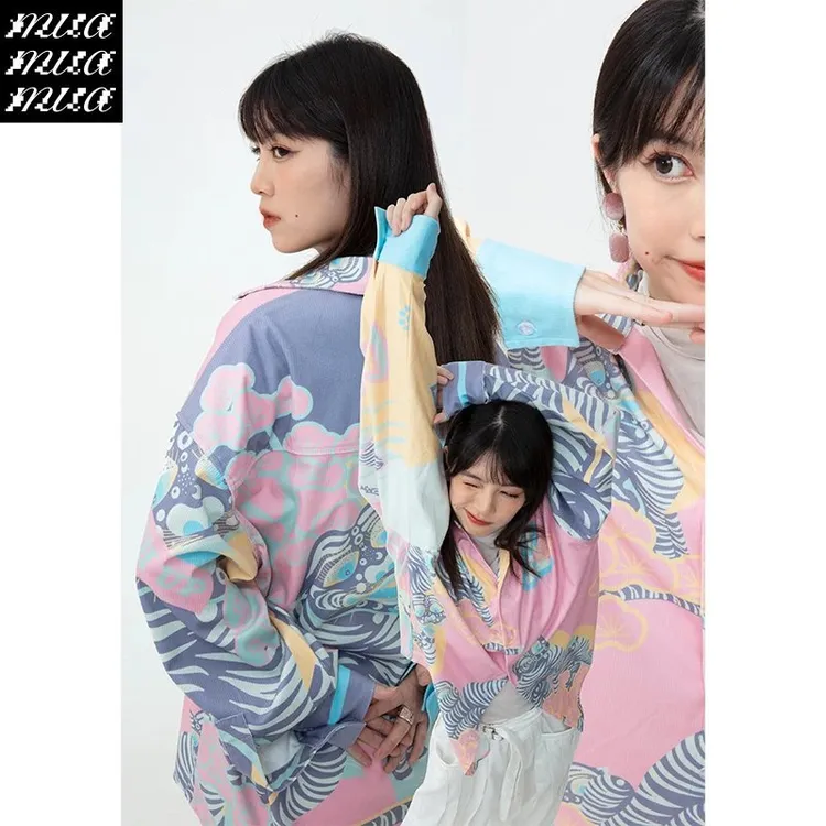 混沌亚宙MUA 亚洲虎兔原创设计长袖印花衬衫宽松中长灯芯绒厚外套