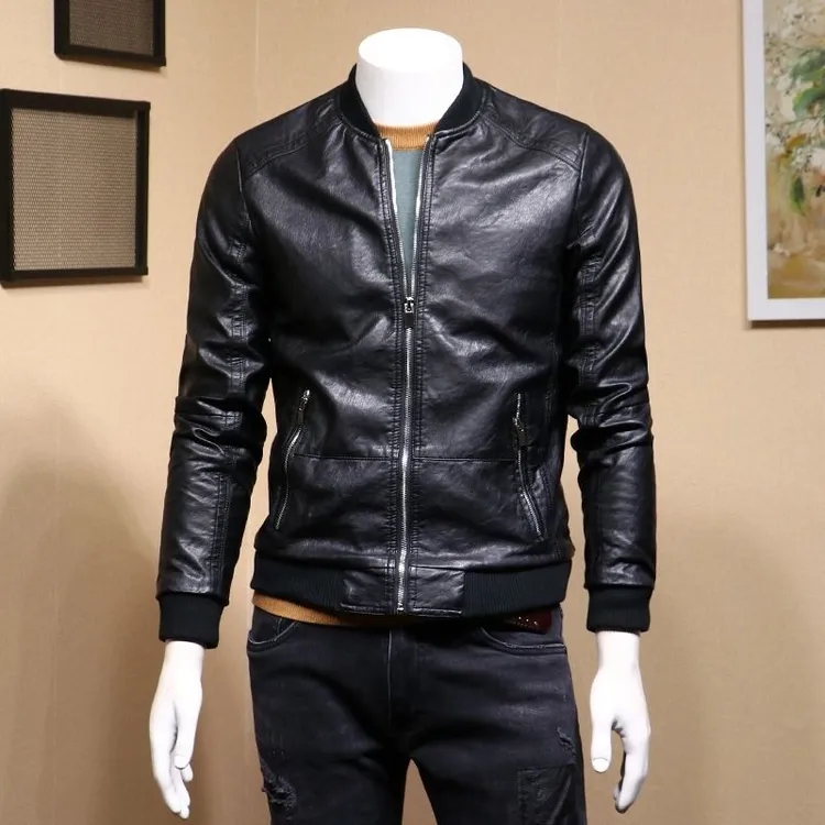 美伦真水洗皮衣男外套男潮流帅气春秋季薄款棒球领皮夹克男士上衣