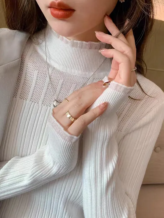 2025秋季新款弹力修身网纱蕾丝洋气百搭长袖针织打底毛衣女