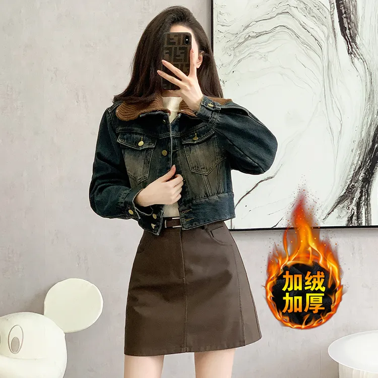 加绒加厚牛仔外套2024年冬季设计款拼接针织领保暖上衣时髦百搭