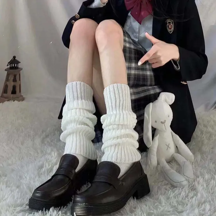 竖条针织袜套秋冬千禧年辣妹堆堆袜腿套奶白色保温学生小腿袜中筒