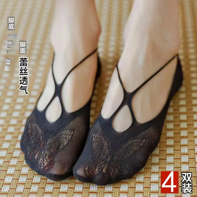 女夏薄款舒适透气棉质蕾丝女袜日系甜美蕾丝吊带袜子花纹浅口纯色