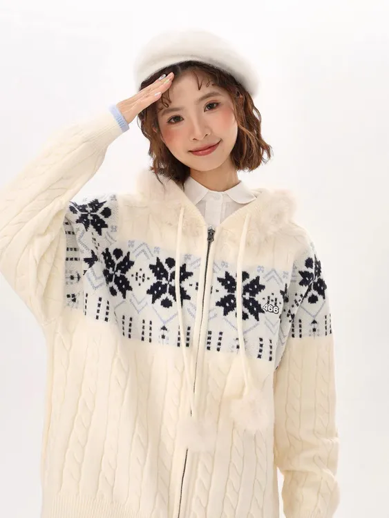 白色费尔岛连帽毛衣女秋冬雪片气氛感慵懒宽松长袖针织衫拉链外套