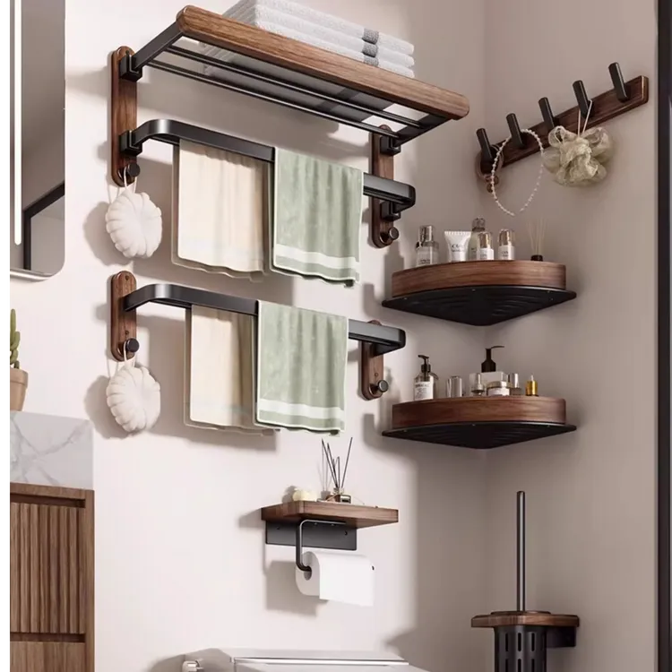 胡桃木卫生间毛巾架免打孔高端浴巾置物架浴室架子浴室置物架